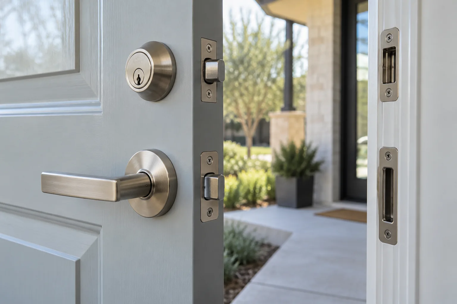 Illustrative door hardware and a house key