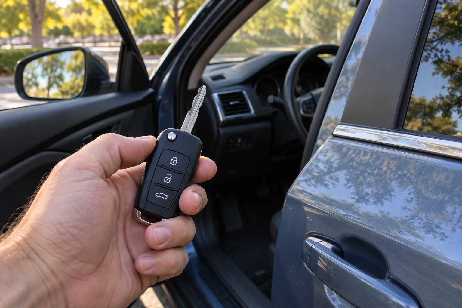 Illustrative vehicle key and fob beside a parked car